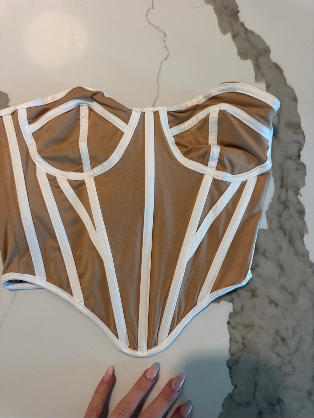 Tan Mesh Corset Top with White Piping
